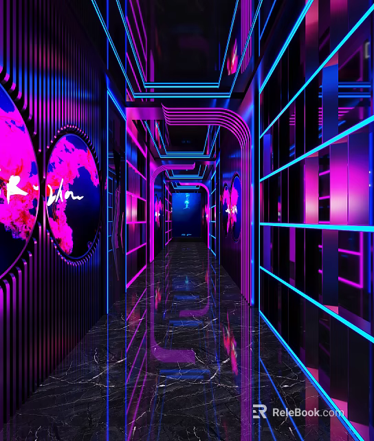 KTV Corridor with Purple Pink Neon Lights Mirrored Floors and Decorative Paintings 3d model 