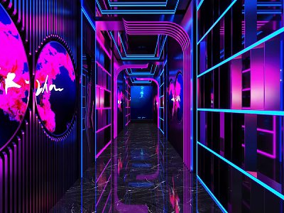 KTV Corridor with Purple Pink Neon Lights Mirrored Floors and Decorative Paintings 3d model