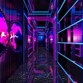 KTV Corridor with Purple Pink Neon Lights Mirrored Floors and Decorative Paintings