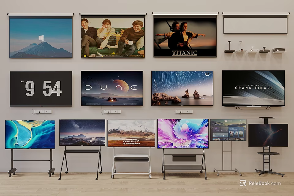 Multiple TVs Showcase Various Screen Images With Scenery And Movie Content In Showroom 3d model 