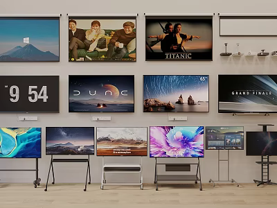 Multiple TVs Showcase Various Screen Images With Scenery And Movie Content In Showroom 3d model