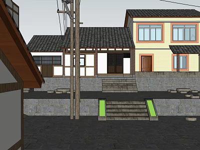 Traditional Japanese house exterior view with black roof yellow walls and stone steps 3d model