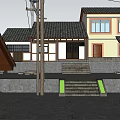 Traditional Japanese house exterior view with black roof yellow walls and stone steps
