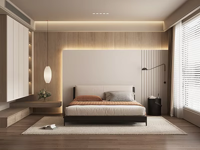 Modern Bedroom Interior With Wooden Accent Wall Platform Bed Pendant Light And Area Rug 3d model
