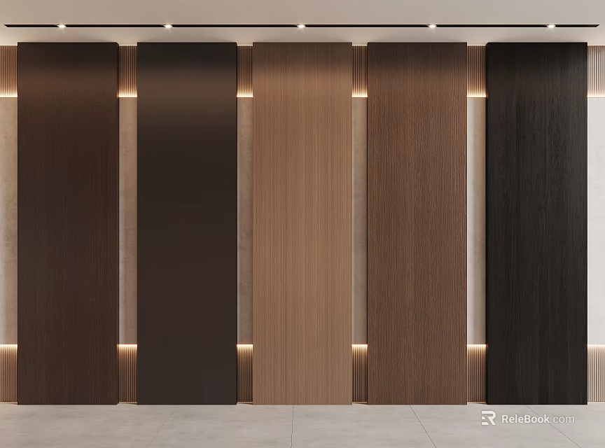 Modern Interior Wall Panels With Various Wooden Finishes And Ambient Lighting Accents 3d model 