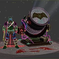 Batman Standing Next to Bat Signal With Red Bat Symbol on Ground