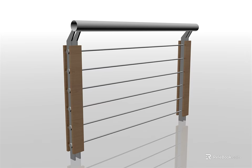 Sleek Modern Railing Design with Wooden Posts and Metal Horizontal Rails 3d model 