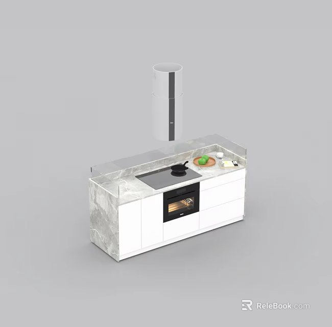 Modern White Kitchen Cabinets With Marble Countertop Range Hood Oven And Fresh Fruits 3d model 
