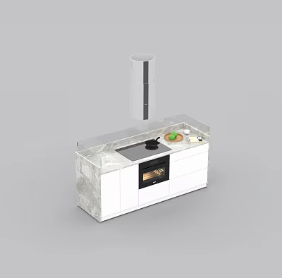 Modern White Kitchen Cabinets With Marble Countertop Range Hood Oven And Fresh Fruits 3d model