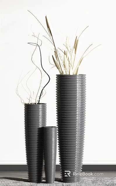 Grey Striped Vases With Dried Plants In Modern Arrangement For Home Decor 3d model 