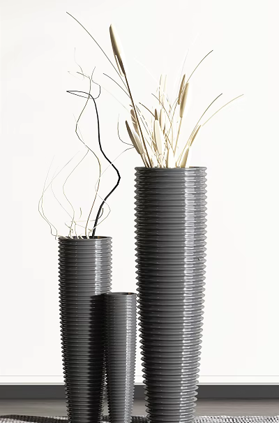 Grey Striped Vases With Dried Plants In Modern Arrangement For Home Decor 3d model