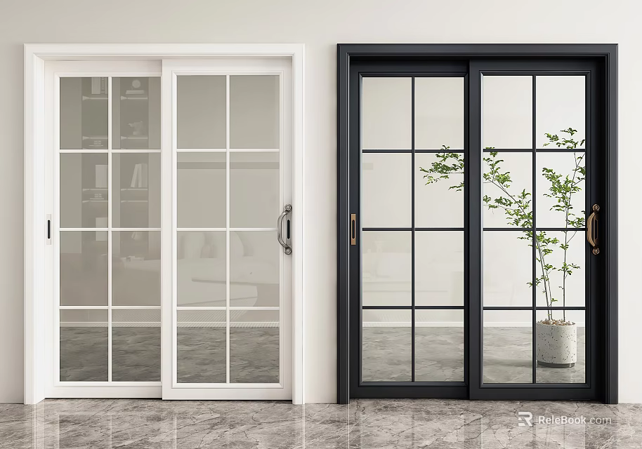 Stylish White and Black Sliding Doors with Glass Panels and Indoor Plant View 3d model 