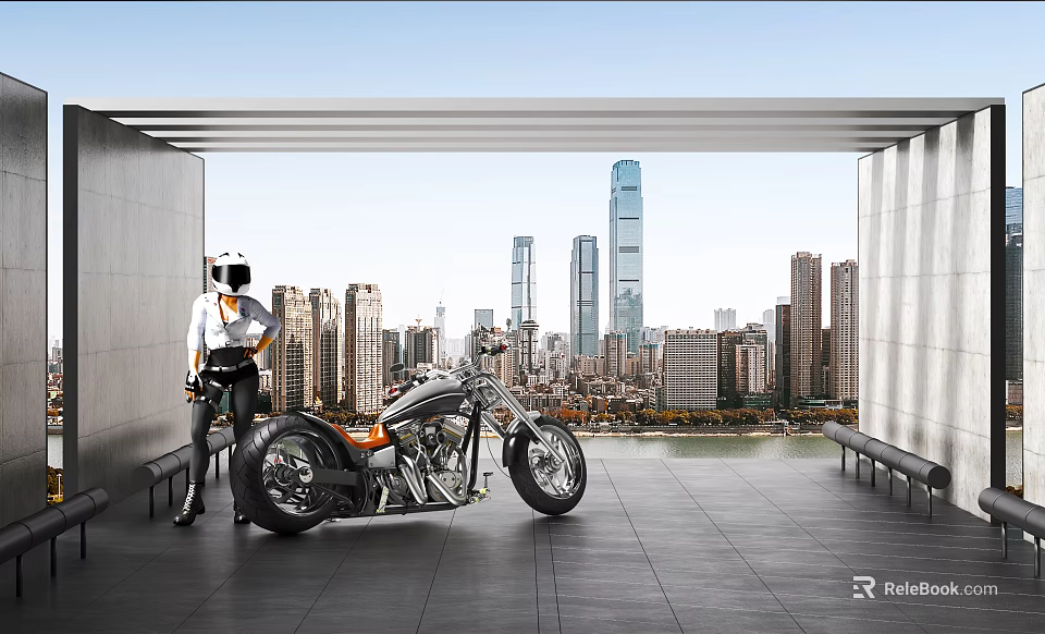Classic Chrome Motorcycle Parked On Urban Terrace With Helmeted Rider And City Skyline 3d model 
