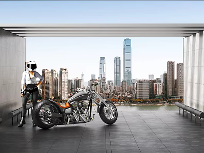 Classic Chrome Motorcycle Parked On Urban Terrace With Helmeted Rider And City Skyline 3d model