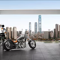 Classic Chrome Motorcycle Parked On Urban Terrace With Helmeted Rider And City Skyline