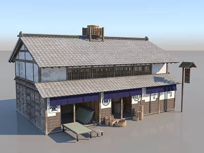 Traditional Japanese Wooden Building With Tile Roof Shop Front Signboard And Outdoor Tables 3d model