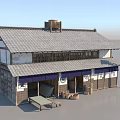 Traditional Japanese Wooden Building With Tile Roof Shop Front Signboard And Outdoor Tables