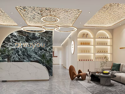 Modern Beauty Salon Interior With Marble Reception Counter Sofa Seating And Product Shelves 3d model