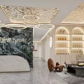 Modern Beauty Salon Interior With Marble Reception Counter Sofa Seating And Product Shelves