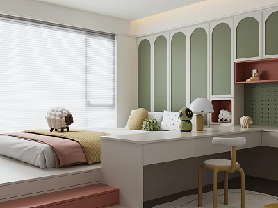 Tatami Bedroom With Green And White Arched Wall White Desk Wooden Stool And Window Blinds 3d model