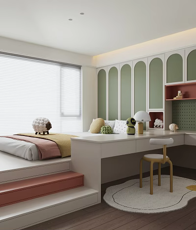 Tatami Bedroom With Green And White Arched Wall White Desk Wooden Stool And Window Blinds 3d model