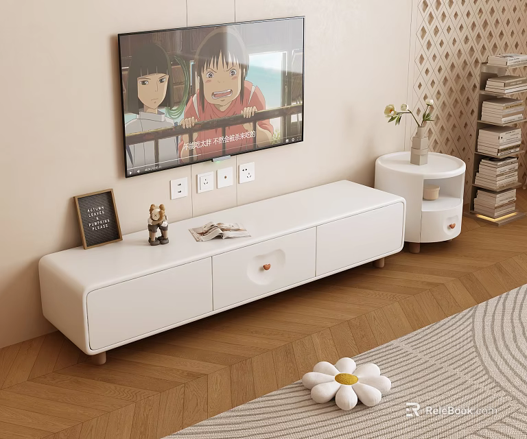 Modern White TV Stand in Living Room with TV Decorative Items and Side Table 3d model 