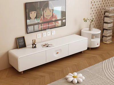 Modern White TV Stand in Living Room with TV Decorative Items and Side Table 3d model