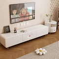 Modern White TV Stand in Living Room with TV Decorative Items and Side Table