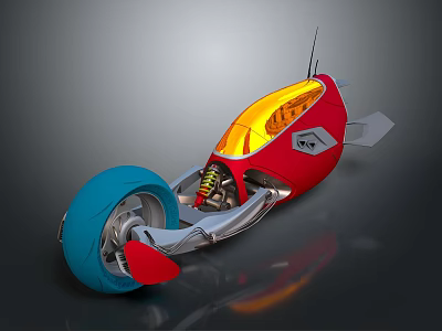 Futuristic Motorcycle With Streamlined Red Body Blue Wheel And Transparent Yellow Section 3d model