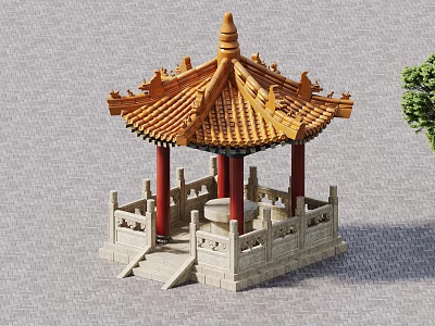 Ancient Chinese Pavilion Architecture With Yellow Tiled Roof Red Pillars Stone Railings And Stone Steps 3d model
