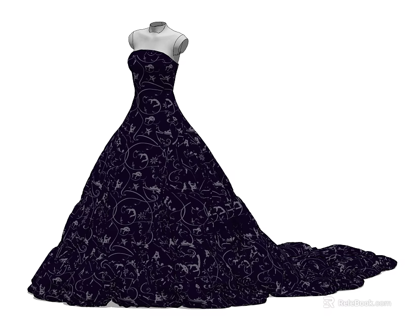 Model In Elegant Black Strapless Patterned Evening Gown With Long Train 3d model 