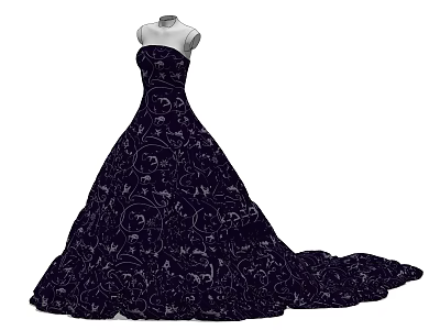 Model In Elegant Black Strapless Patterned Evening Gown With Long Train 3d model