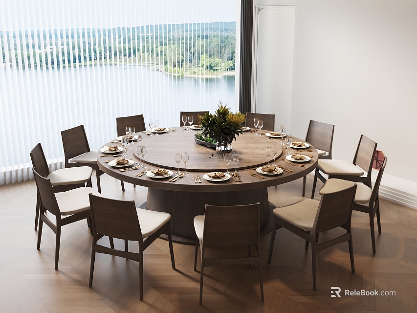 Elegant Modern Dining Table Set with Round Table Chairs Floral Centerpiece and Lake View Window 3d model 