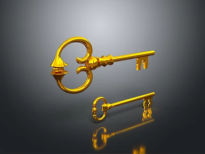 Pair Of Ornate Golden Keys With Metallic Shine And Intricate Design 3d model