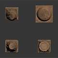 Ancient Stone Sculpture Carvings with Textured Surfaces and Various Shapes on Square Bases
