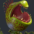 Venus Flytrap With Large Mouth Sharp Teeth Green Red Patterns Long Vines In Brown Pot