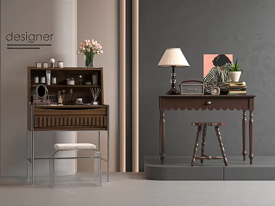 Elegant Wooden Dressing Tables with Drawers Shelves and Decorative Items Table Lamp Plant and Stool 3d model