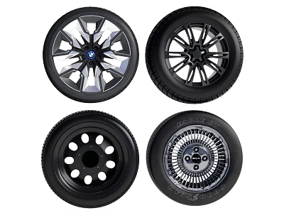 Four Different Car Tires Featuring Various Stylish Rim Designs And Patterns 3d model