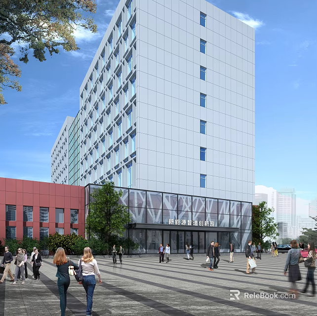 Modern Office Building With Glass Facade Multi Story Structure Greenery And Pedestrians 3d model 