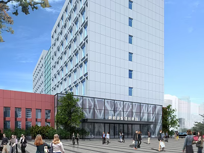 Modern Office Building With Glass Facade Multi Story Structure Greenery And Pedestrians 3d model