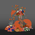 Artistic Floral Display with Orange Fans Pumpkin Fruit Branches and Colorful Blooms