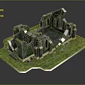 Ancient Stone Ruin Structure With Grass Covered Base And Broken Archways