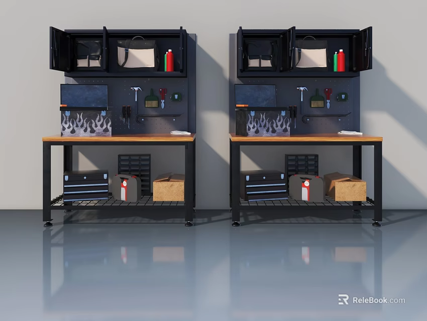 Black Storage Cabinets with Flush Doors Featuring Workbench Tools and Organized Items in Workshop 3d model