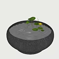 Garden Ornament With Spiral Sand Stone Bowl And Fresh Green Leaf Plants