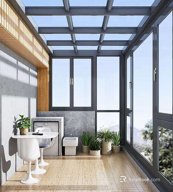 Villa Balcony Design With Glass Roof Large Windows Potted Plants And Wooden Ceiling 3d model 