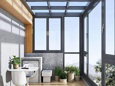 Villa Balcony Design With Glass Roof Large Windows Potted Plants And Wooden Ceiling 3d model