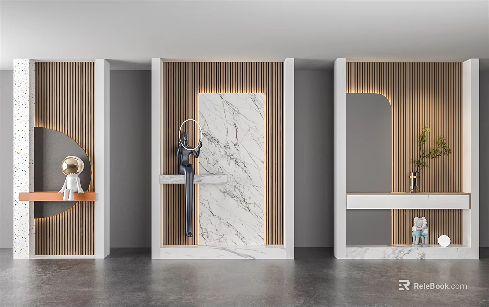 Elegant Modern Entryway Cabinet Sideboard With Marble Panel Wooden Strips And Mirror 3d model 