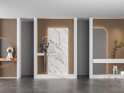 Elegant Modern Entryway Cabinet Sideboard With Marble Panel Wooden Strips And Mirror 3d model