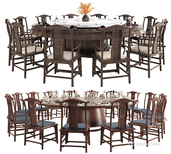 Chinese Style Round Dining Table Set With Wooden Chairs And Tableware 3d model