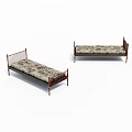 Two Single Beds with Wooden Railed Frame and Patterned Mattress Design 3d model